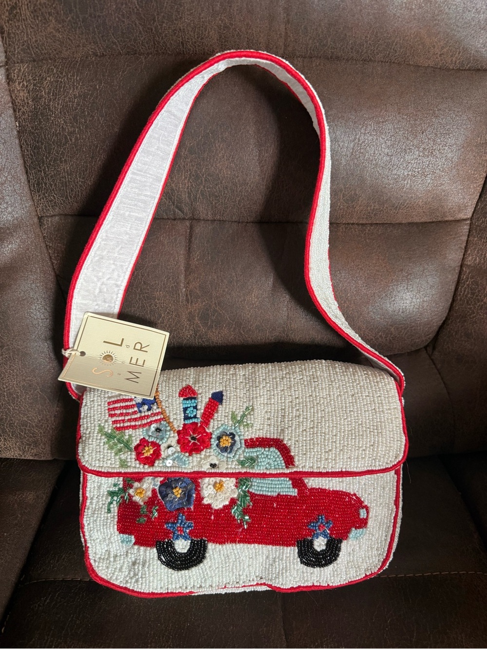 Sol & Mar Red Floral Truck Bead-Embroidered Crossbody Bag